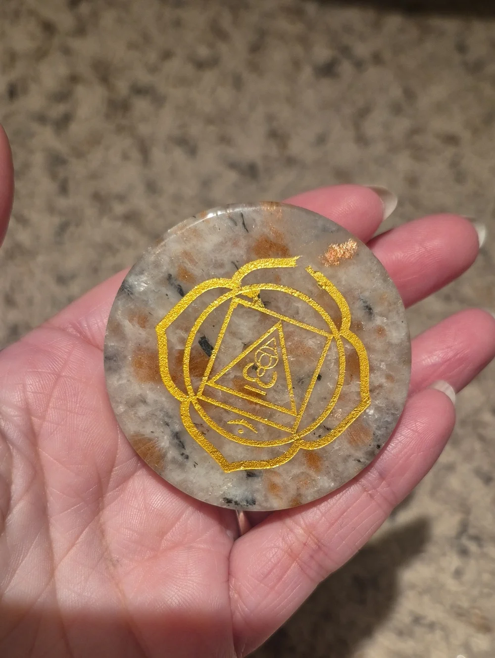 Round Sunstone Phone Holder with Gold Mandala Symbol